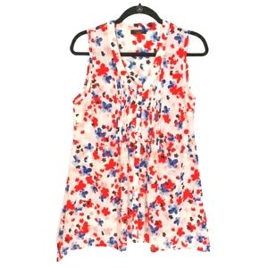 FYLO LONDON Red Blue Floral Print Sleeveless Pleated Button Front Sleeveless Top